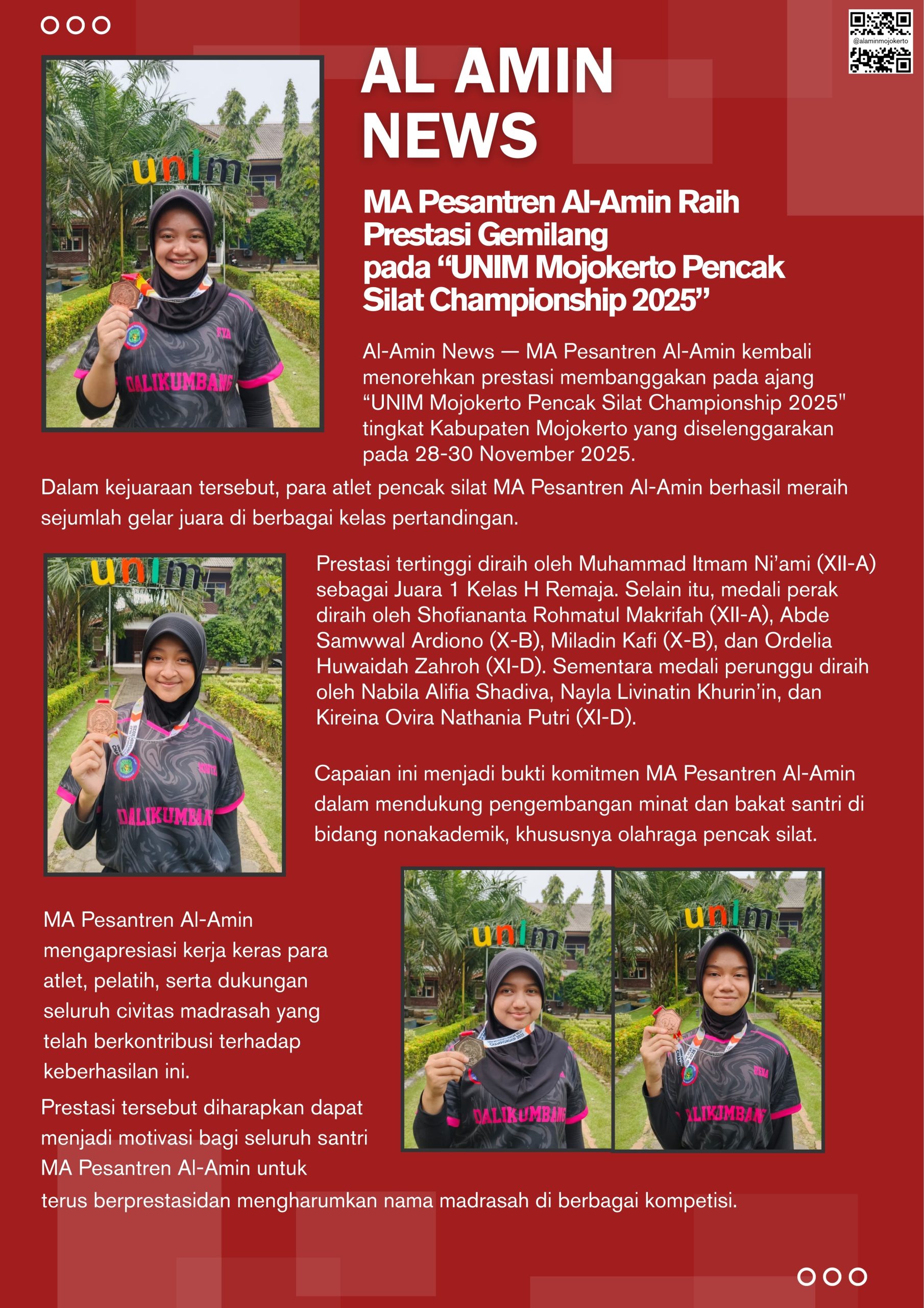 MA Pesantren Al-Amin Raih Prestasi Gemilang pada “UNIM Mojokerto Pencak Silat Championship 2025”