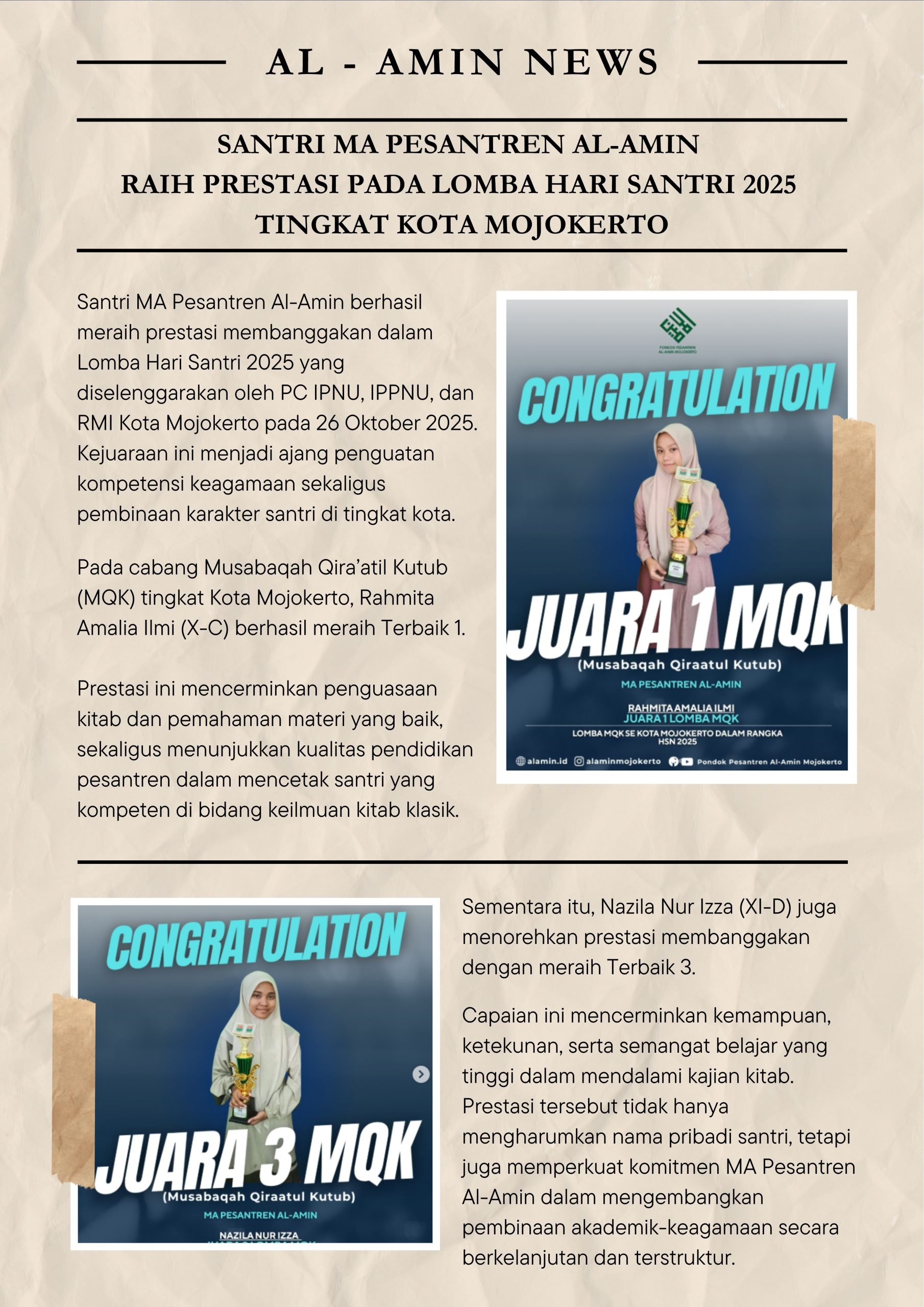 Santri MA Pesantren Al-Amin Raih Prestasi Pada Lomba HSN 2025 Tingkat Kota Mojokerto